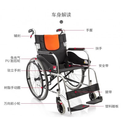 鱼跃轮椅车H062C铝合金老人轻便轮椅折叠手动轮椅车免充气轮胎图4